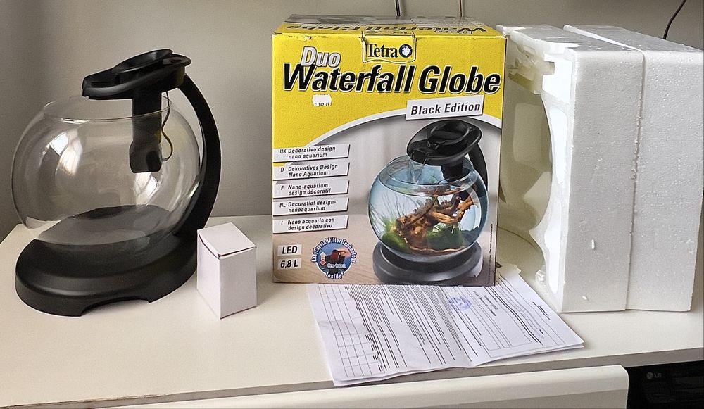 Нано Аквариум Tetra Duo Waterfall Globe (Black Edition) – 6.8 L(като нов, с гранация и касова бележка)