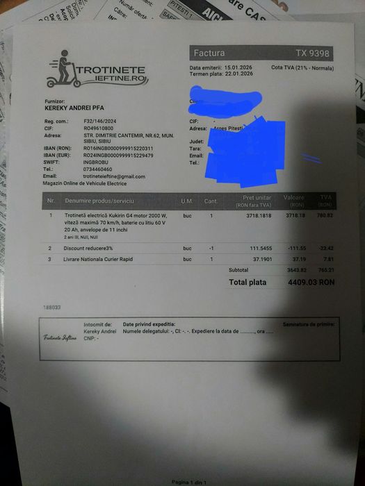 Vand trotineta electrica KUKIRIN G4 ,  2026,  în garanție, cu factura ,cutie  și incarcator original.Cadou geanta originala KUKIRIN
