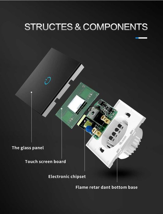 Intrerupator Touch, Sticla Securizata, Design Modern, Iluminare LED 1F