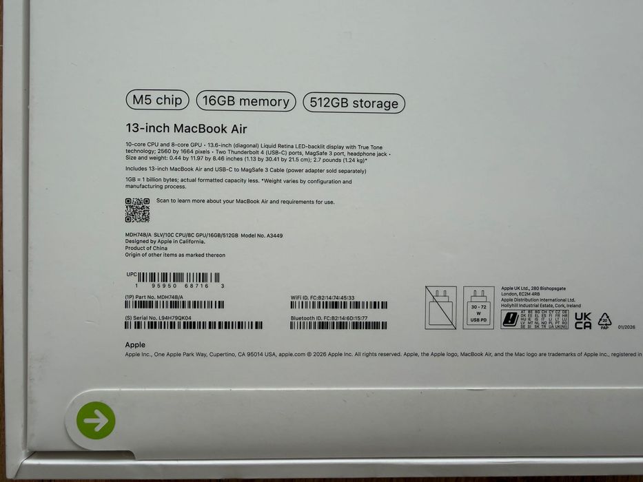 ЧИСТО НОВ MacBook Air 13" M5 Chip 10-CPU, 8-GPU, 16GB RAM, 512GB SSD