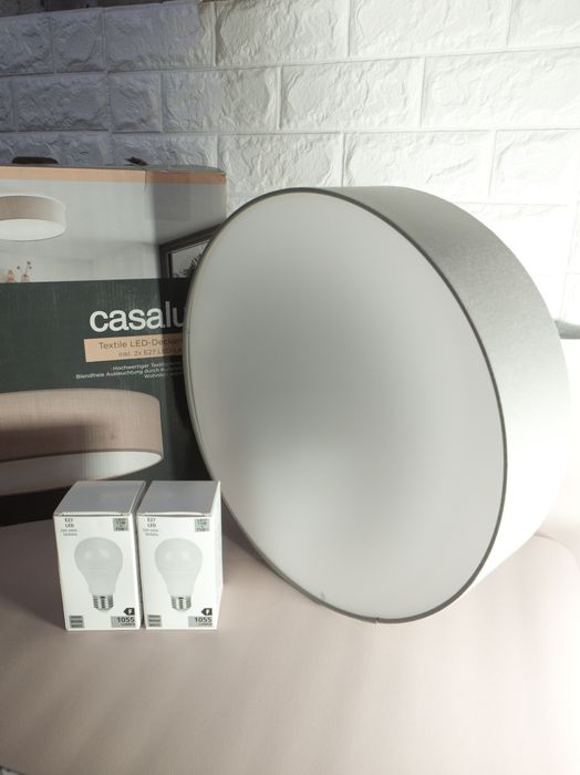 Plafonieră Casalux textilă gri Ø38 cm, 2xE27, cu 2 becuri LED incluse – Nouă
