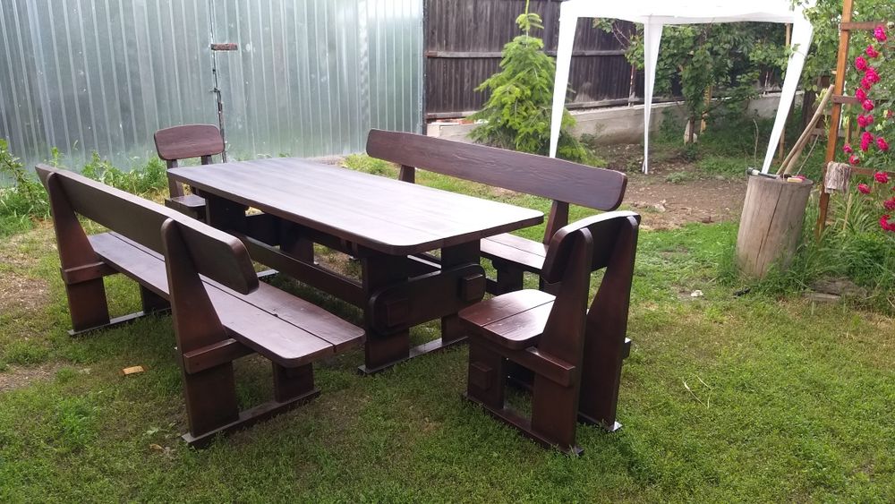 Set masa lemn masiv cu 2 canapele /2 scaune pt terasa/ foisor/ gradina