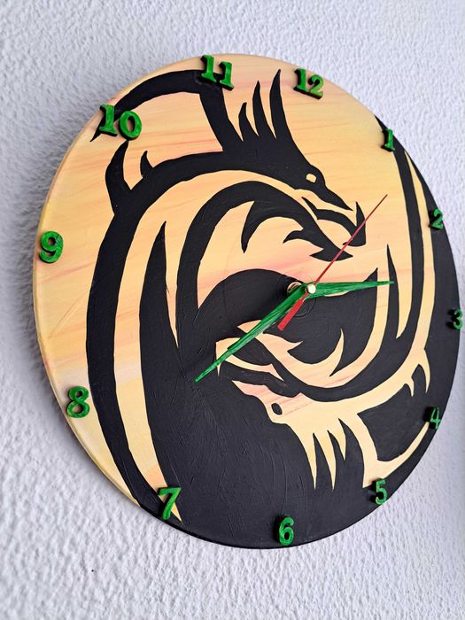 Doi dragoni, Ceas de perete unicat pictat manual 30cm, mers silentios