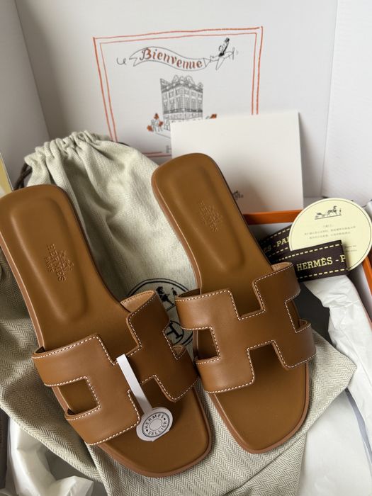 Шлепки Hermes Oran коричневые 1:1, 37 premium