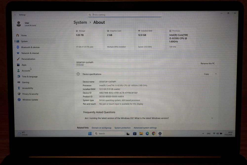 ASUS VivoBook S510UQ, i5-8250U, 12GB DDR4, 128GB + 1TB, NVIDIA 940MX