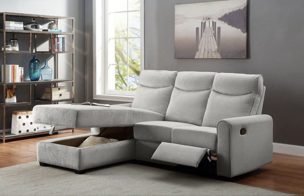 Coltar extensibil NOU cu recliner, ladă de depozitare, gri deschis