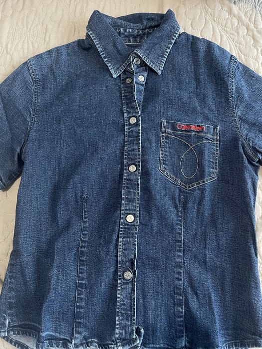 Дамски дрехи - плетен елек/пуловер и дънкова риза