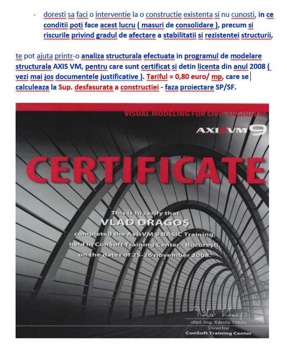 Inginer Structurist Verifica Stabilitatea si Rezistenta Constructiilor, la tarif 0,80 euro/mp