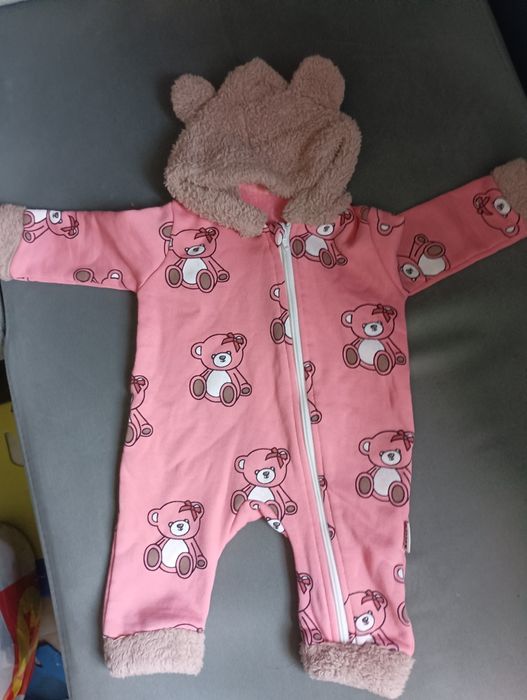 Бебешко зимно розово гащеризонче "мече" за момиче на мечета размер 6-9