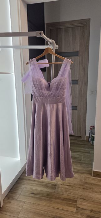 Rochie elegantă midi/lungă, culoare lila-pudrat