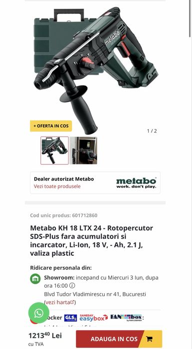 Ciocan rotopercutor Metabo KH 18 LTX 24 SDS Plus 18V 2.1J Nou