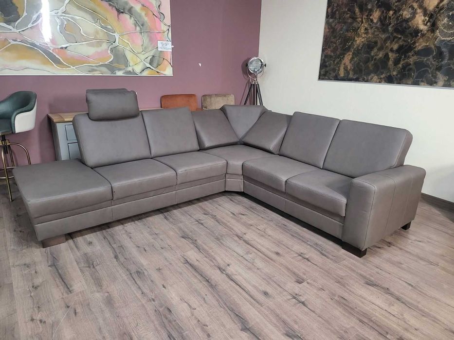 Кожен ъглов диван цвят кафяв Нуга ZE - EM05002