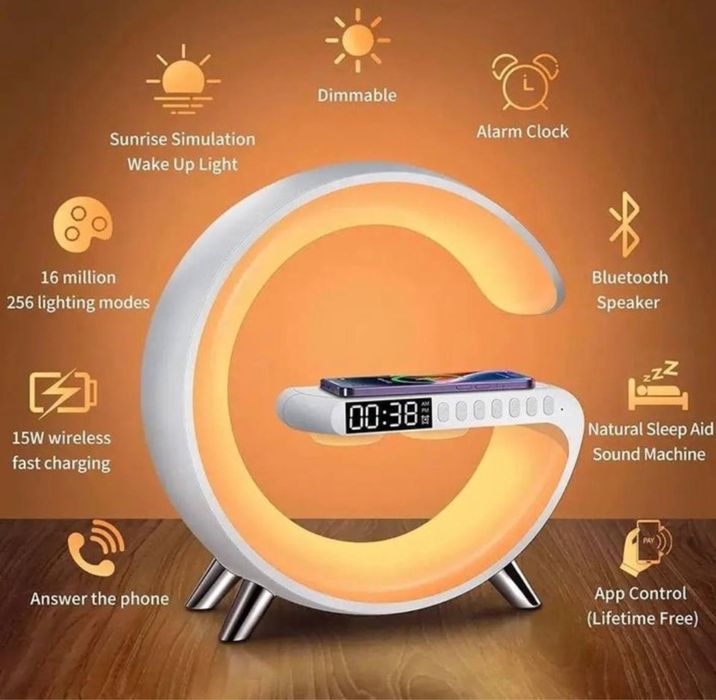 Беспроводное зарядное учтройство с часами, будильником и колонкой