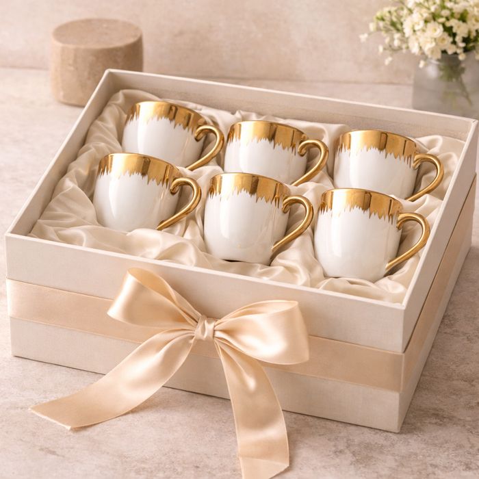 Set cani cafea 6 bucati, ceramica alb cu auriu, design elegant, finisaj lucios, ideale pentru espresso, cafea si cadou