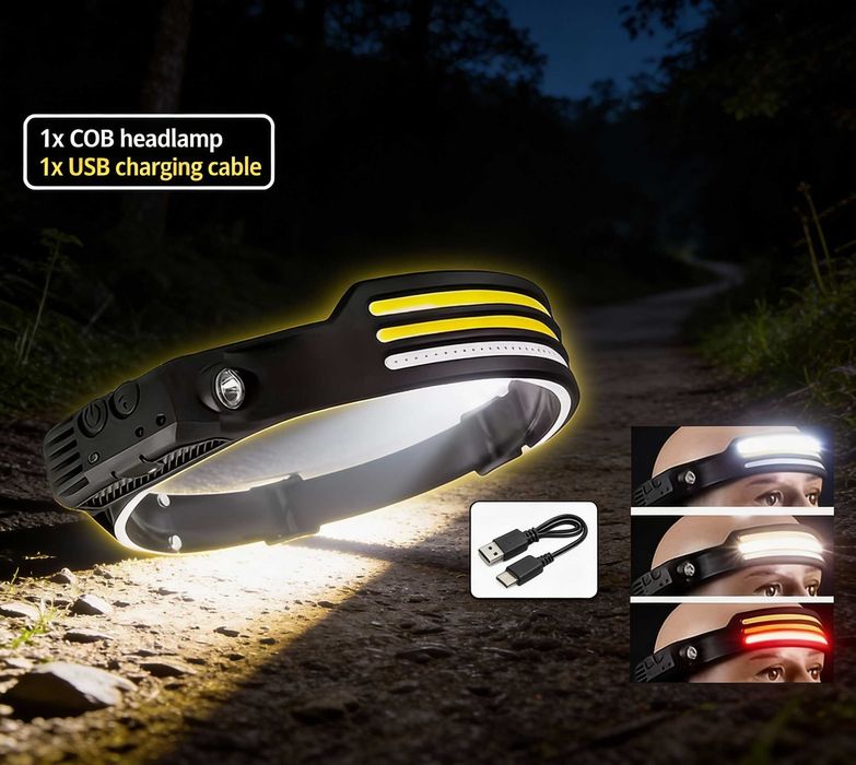 Lanterna de cap LED profesionala cu 3 benzi si senzor de miscare USB