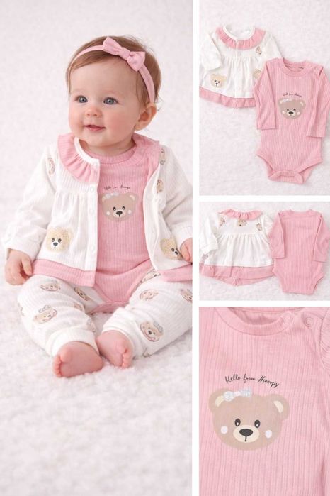 ебешки комплект за момиче 3 части с мече – боди, панталон и жилетка