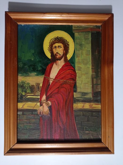 Icoană pictată pe carton, semnată de autor.