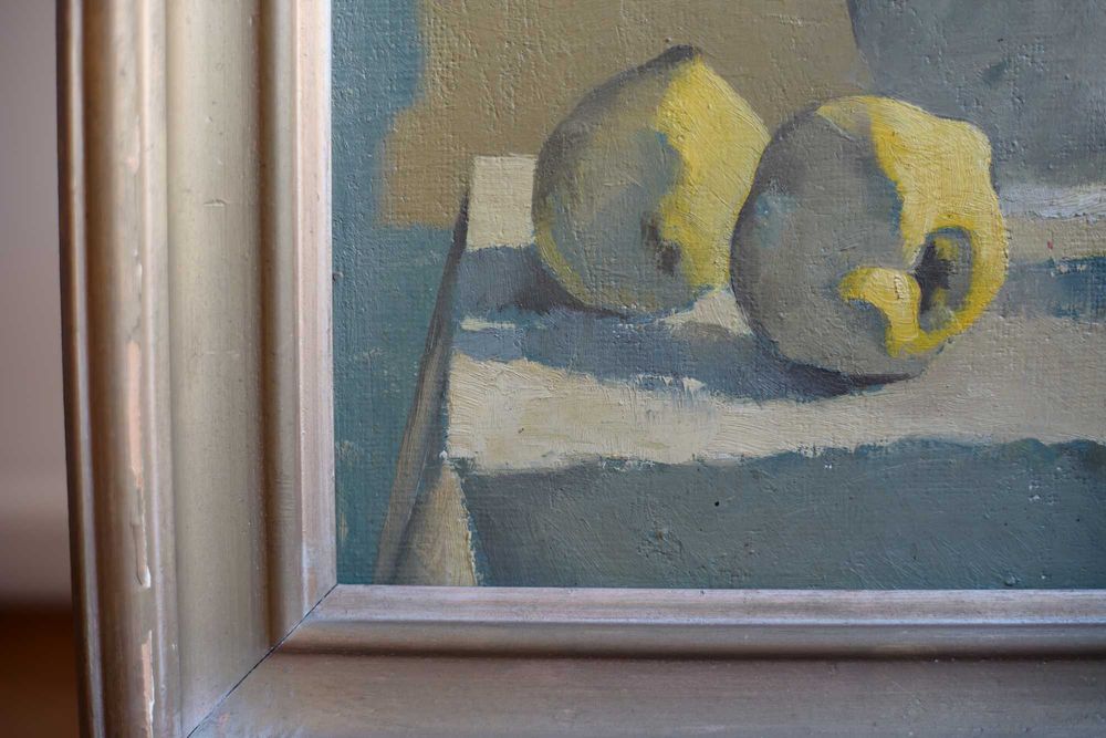 Tablou original 1983 Liviu Suhar 38,5 x 29,5 cm „Flori și gutui“ ulei pe carton