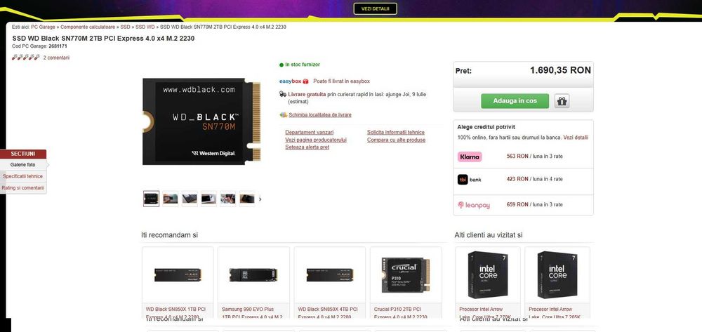 SSD WD Black SN770M de 2TB PCI Express 4.0 x4 M.2 2230 , mic de 30 mm , nou, original