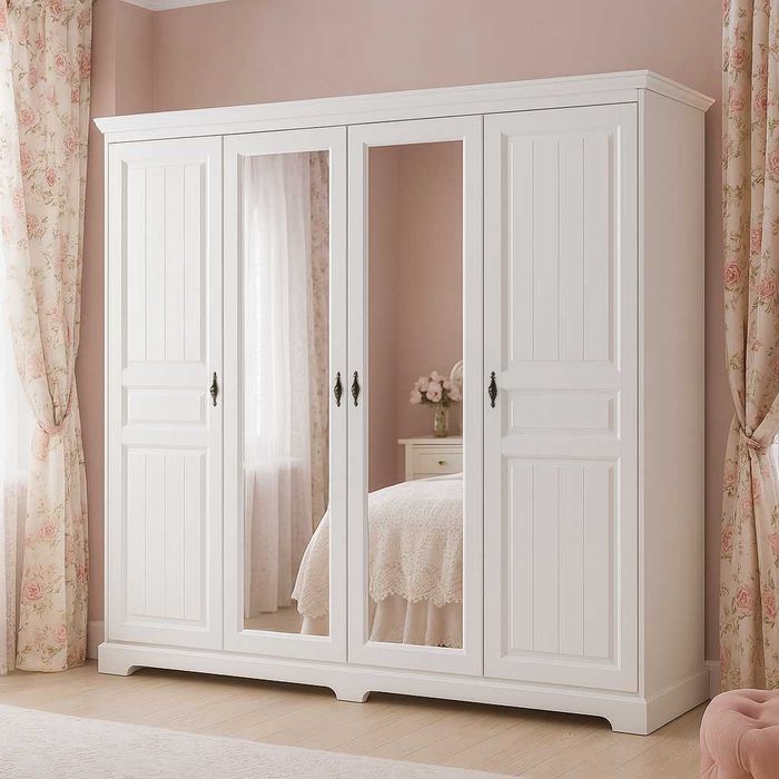Dulap lemn masiv Cleopatra cu oglinzi, alb, 4 usi, 230,2x198x58 cm