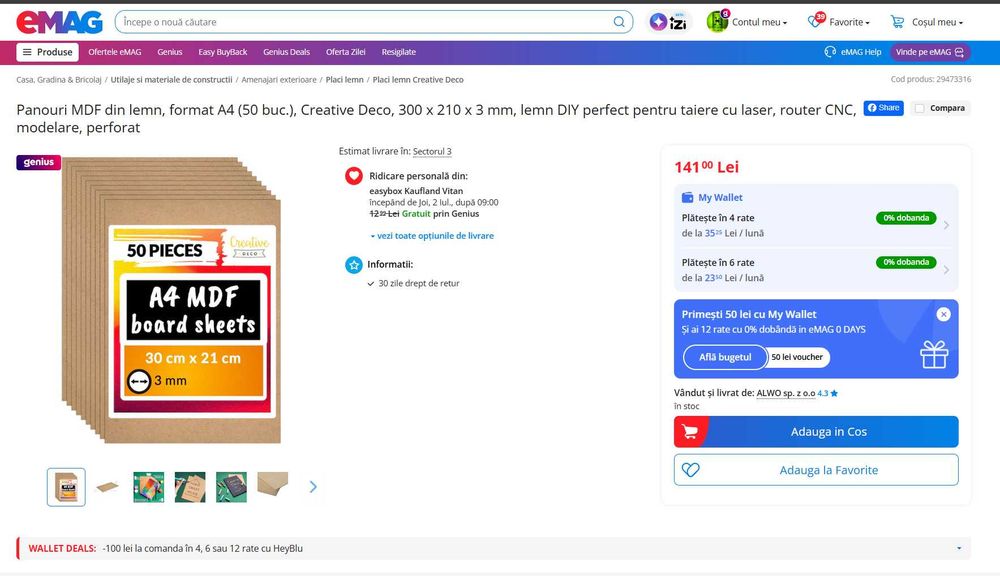 Panouri MDF din lemn, format A4 (50 buc.), grosime 3mm