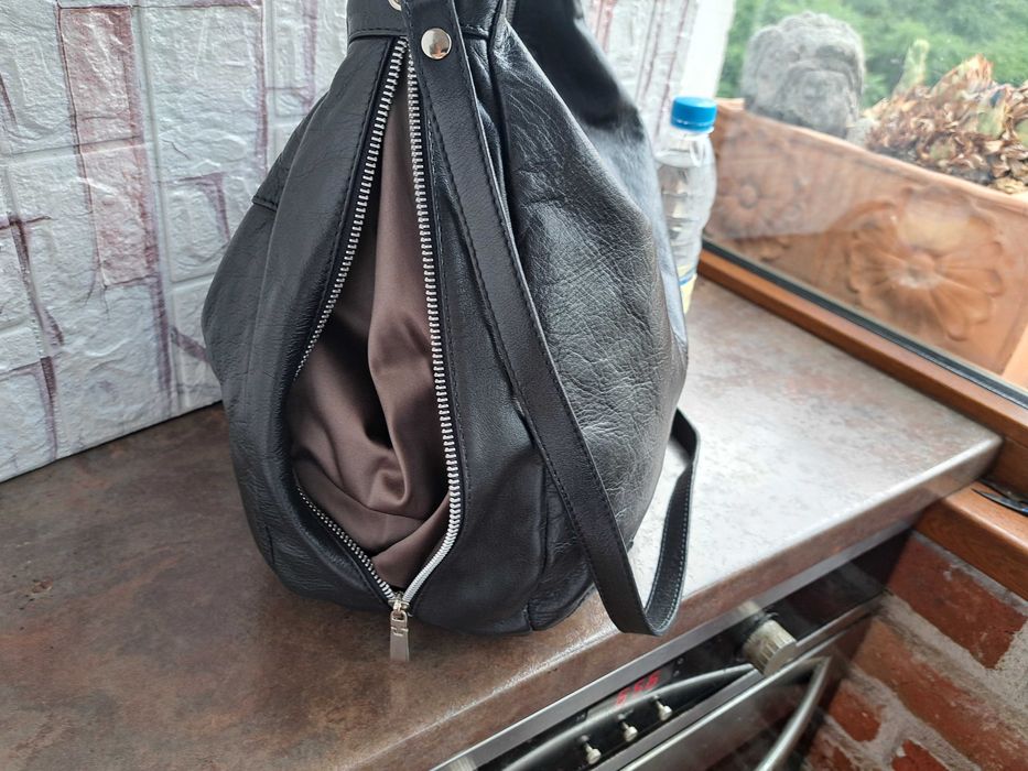 дамска чанта,черна кожена торба-естествена кожа