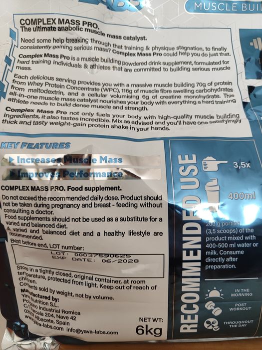 Original YAVA LABS Complex Mass geyner 6kg - Banan ta'mli