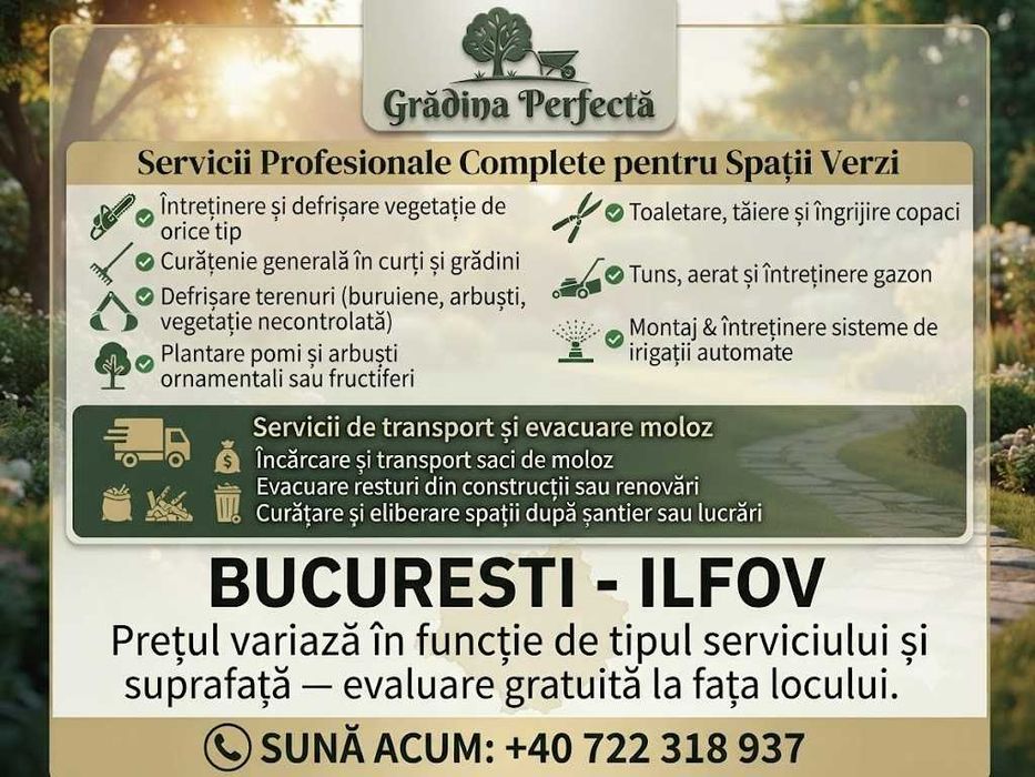 Amenajări și întreținere grădini, defrișare terenuri, tuns gazon, toaletare copaci — București-Ilfov
