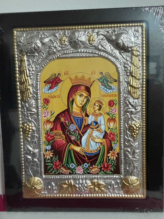 icoana veche icoana argintata dim 20x24 cm maica domnului cu pruncul