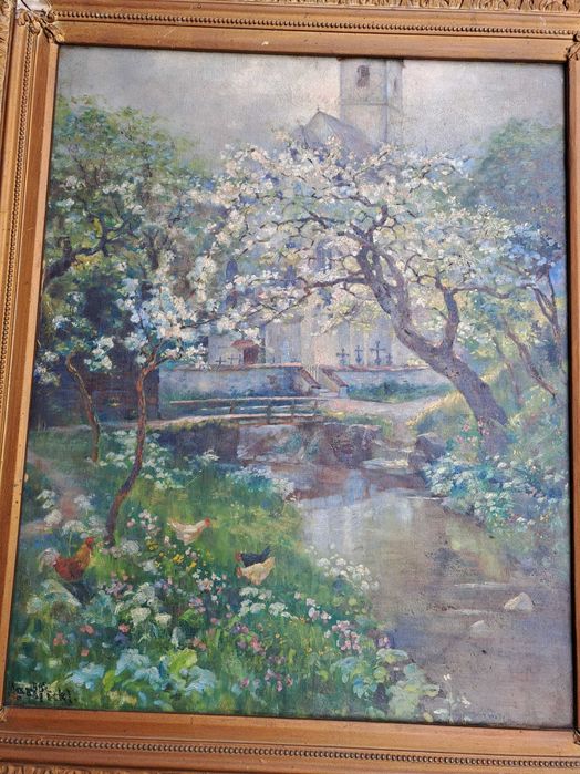 tablou vechi pictura pe panza 89/77 cm semnat