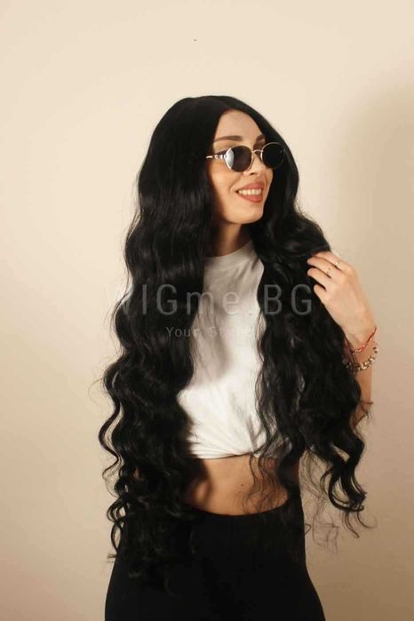 Дълга черна къдрава лейс фронт перука Одри