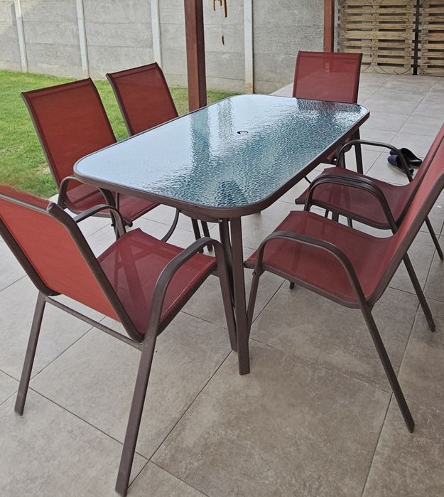 Set terasa / mobilier gradina cu masa fixa, dreptunghiulara, 6 scaune, pentru exterior, metal si textilen, rosu