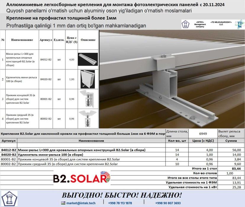 Крепление из алюминия В2 Солар для Солнечных электростанций