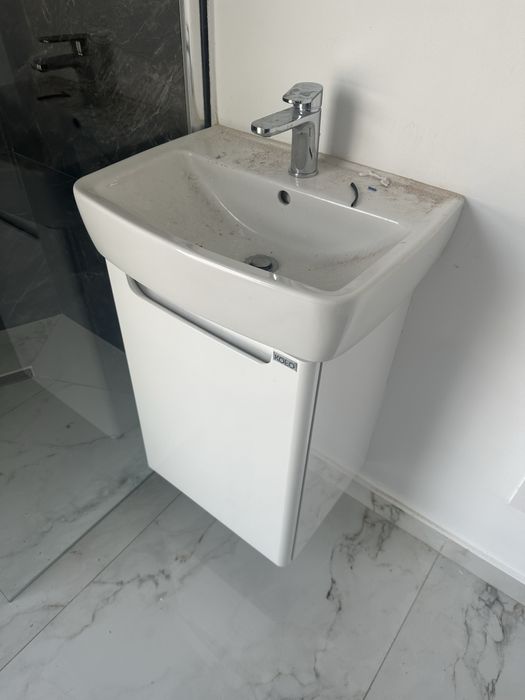 Mobilier + lavoar+ baterie, Kolo, Rekord, suspendat, mdf, alb lucios, 40.7x34.3x59.1cm