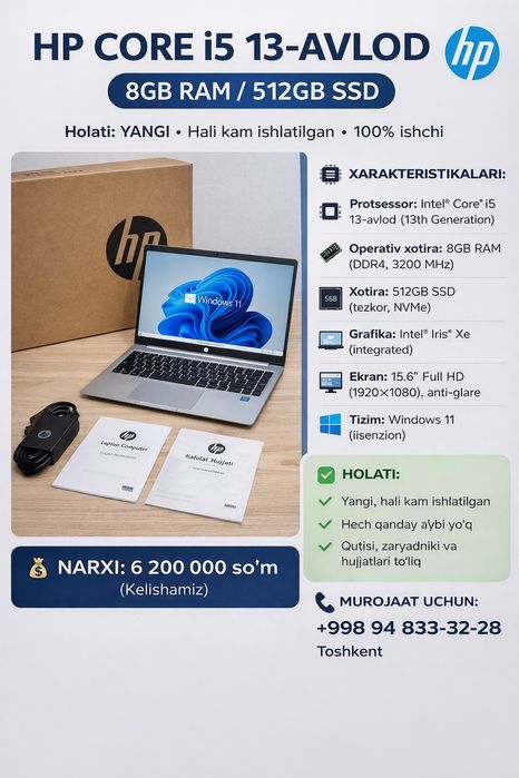 Hp Core i5 13 Avlod compyuteri sotiladi yangi holatda