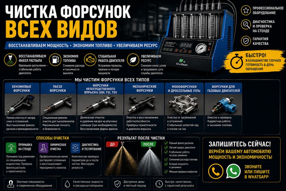 Чистка и мойка форсунок всех видов а так же чистка впускных каналов