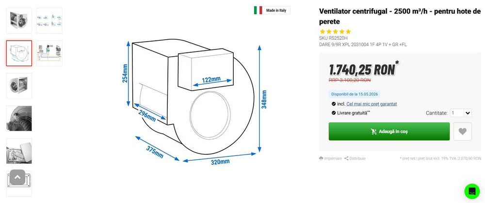 Ventilator centrifugal pentru hote de perete, nou, debit maxim 2500 mc/h.