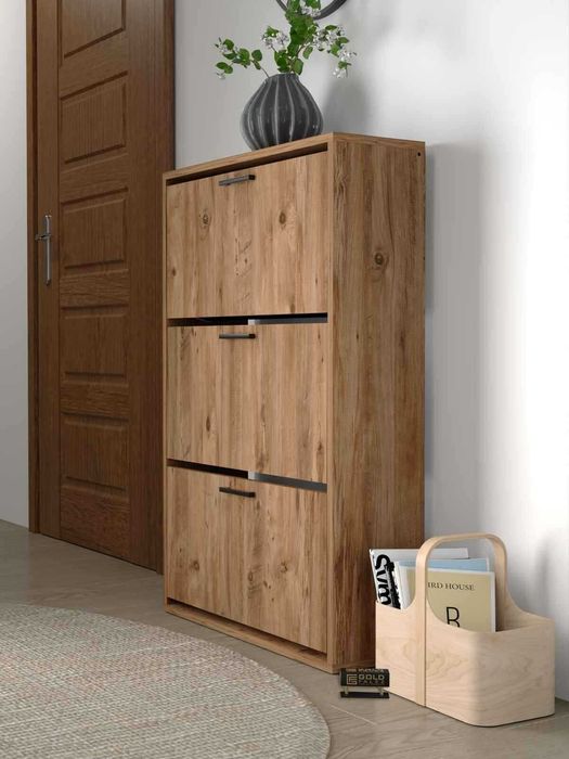 Шкаф за обувки с 3 падащи врати – бял и дървесен цвят/Шкафче за обувки