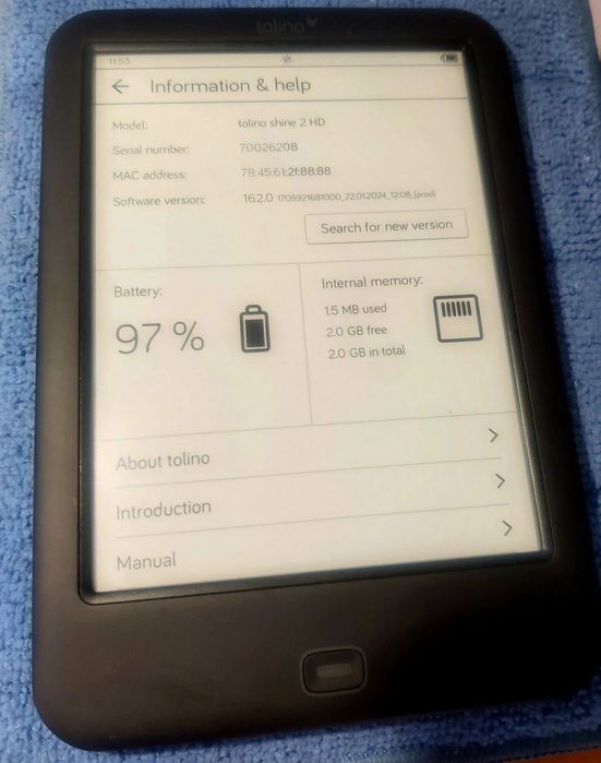 E-book Reader Tolino Shine 2 HD – Ecran 300 ppi, Iluminare Smart