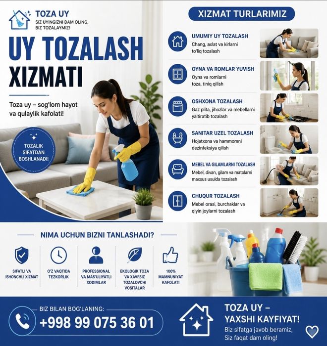 Biz sizni uylaringizni toza va ozoda qilib beramiz.