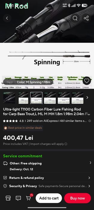 Lansetă casting 198 cm 5-22g,Putere nu Medium, Carbon T1100+ T40