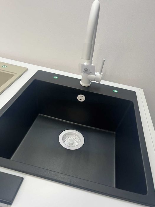 ТОП КОМПЛЕКТ! Черна мивка + Бял смесител + Бял сифон | НАЛИЧНО