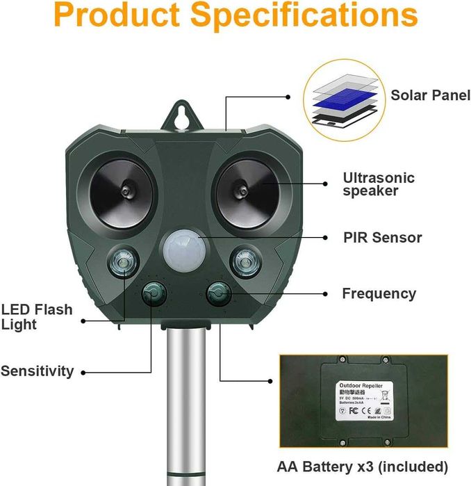 Ультразвуковой отпугиватель птиц, животных на солнечных батареях