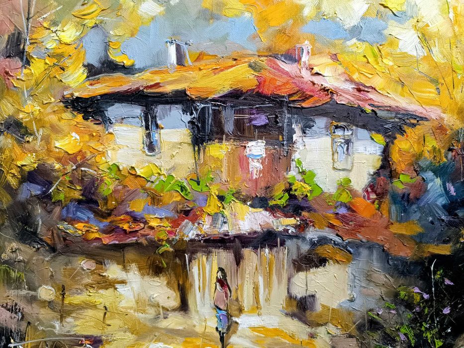 Рисувана, маслена картина на художник Йорданов "Заминаване"