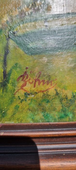 Tablou pictat manual pe pânză, peisaj rustic, ramă lemn, vintage (Austria)