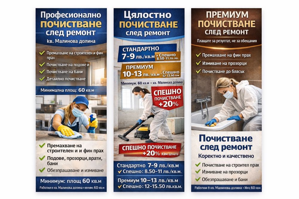 Спешно почистване след ремонт – до 24 часа Малинова Долина