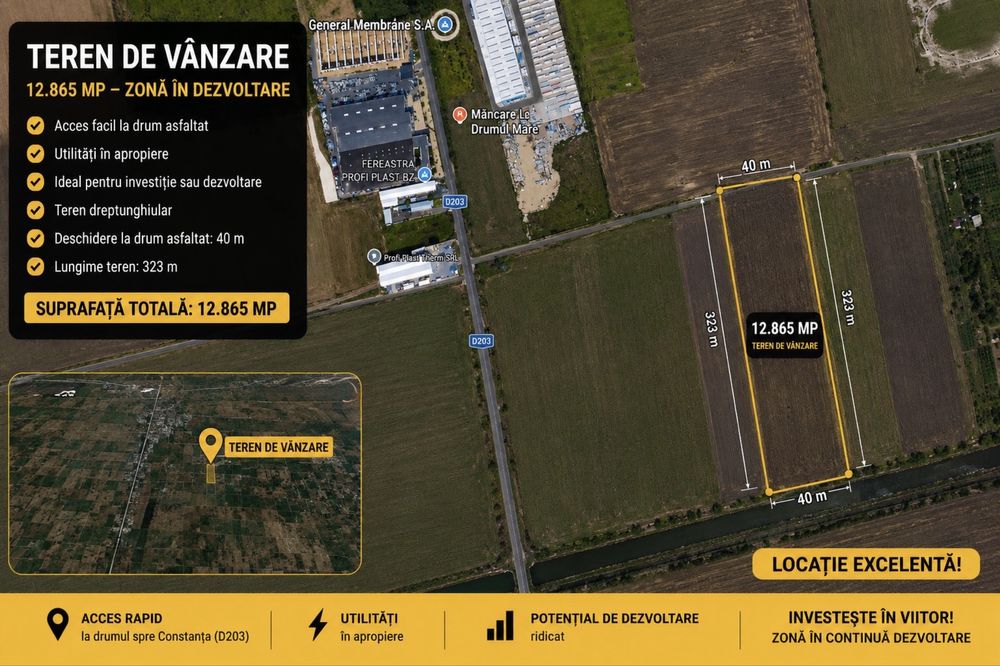 Teren intravilan 12.858 mp- deschidere 40 m-zonă industrială |
