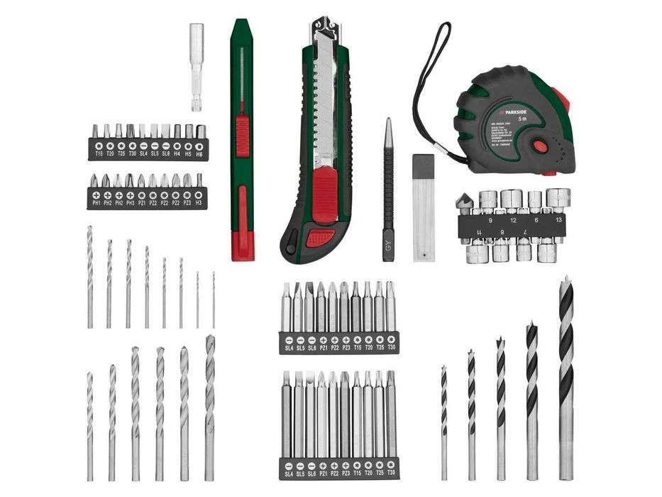 PARKSIDE PABS 20-Li I9 комплект винтоверт,зарядно и 2бр.батерия и множество ръчни инструменти,в практичен куфар