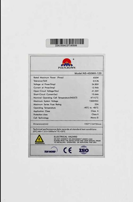 Panou Fotovoltaic 450W Polycrown – Monocristalin, 120 Celule, Eficiență Ridicată și Fiabilitate Extinsă
