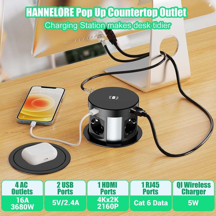 HANNELORE Прибиращ се вграден контакт с USB за бюро